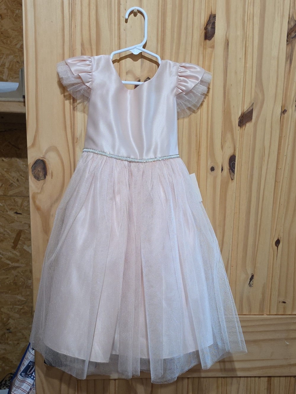 Girls' Blush Satin & Tulle Party Dress with Puff Sleeves